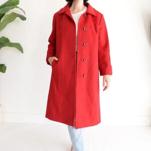 Vintage The Old Mill  Red Pure Virgin Wool Long Winter Button Down Coat M